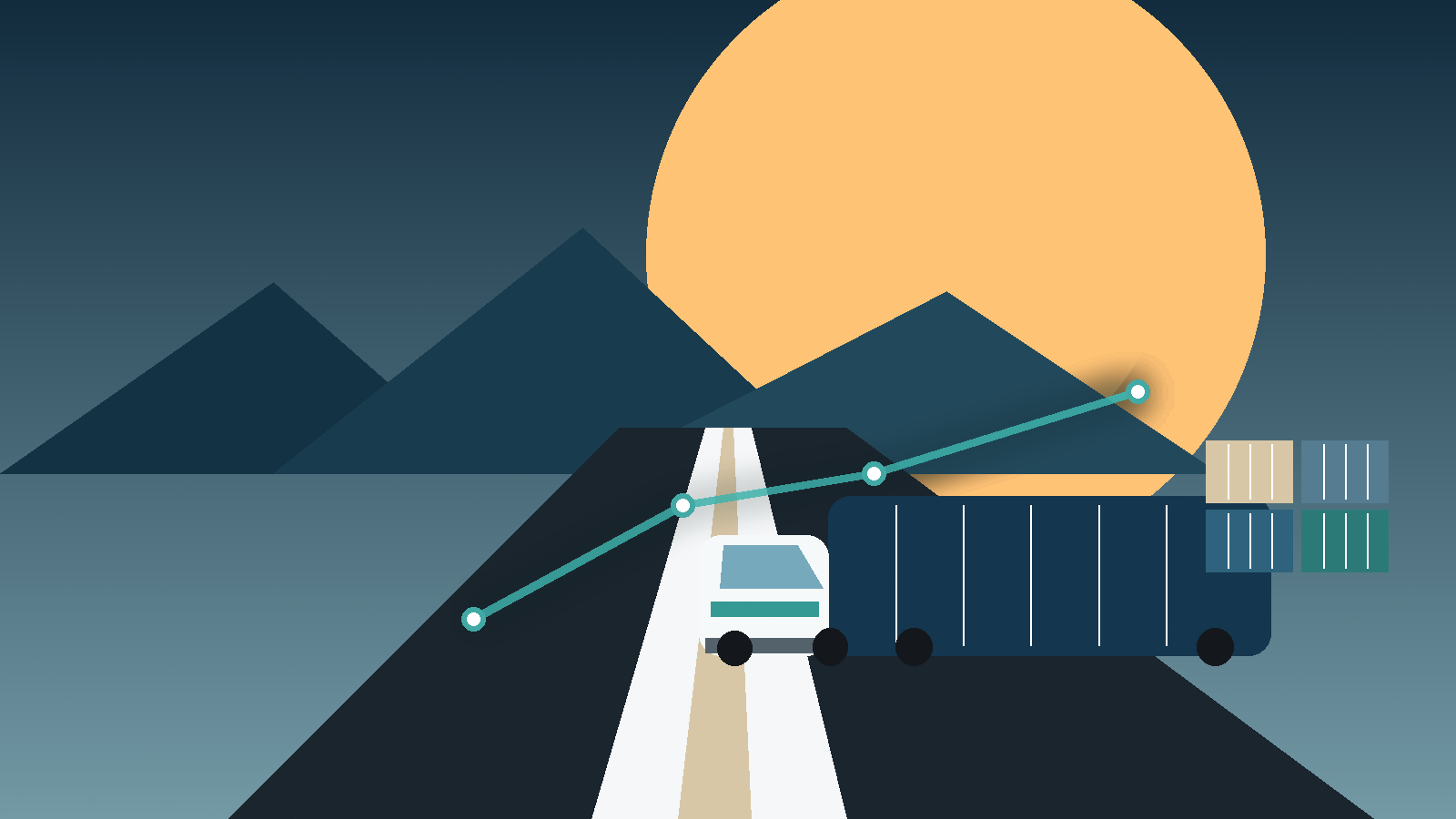 Transportation network illustration with freight truck and route